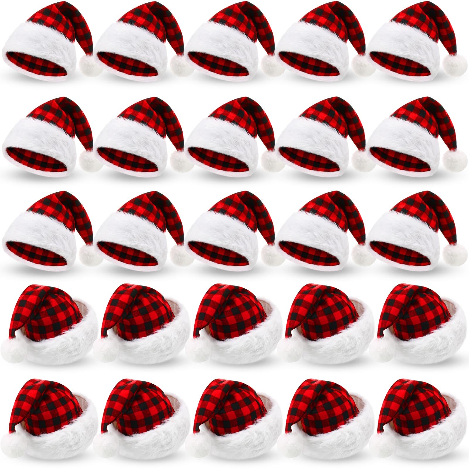 Vicenpal 20 Pcs Santa Hats Bulk for Adults, Red Black White, Plaid