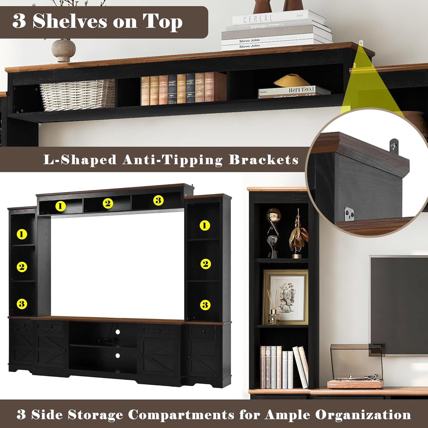 Merax 98.8" W Black Entertainment Center with Bookshelves for Living Room, Wooden Wall Unit TV Stand with Storage for TVs up to 80", Media Console with Drawers, Outlets, Cabinets & Adjustable Shelves