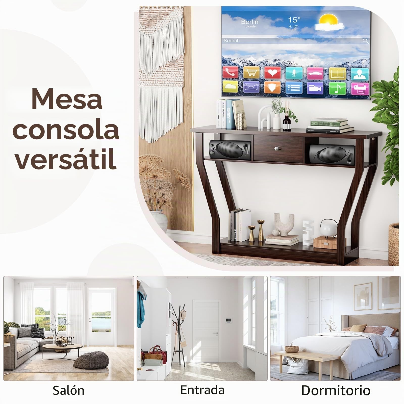 GOPLUS Mesa Consola de MDF Anti-Bascular con Cajón y 3 Estantes, Consola con Base Estable y Duradera, Mesa de Entrada para Dormitorio, Salón, 120 x 30 x 81 cm, Carga Máxima 50 kg (Marrón)