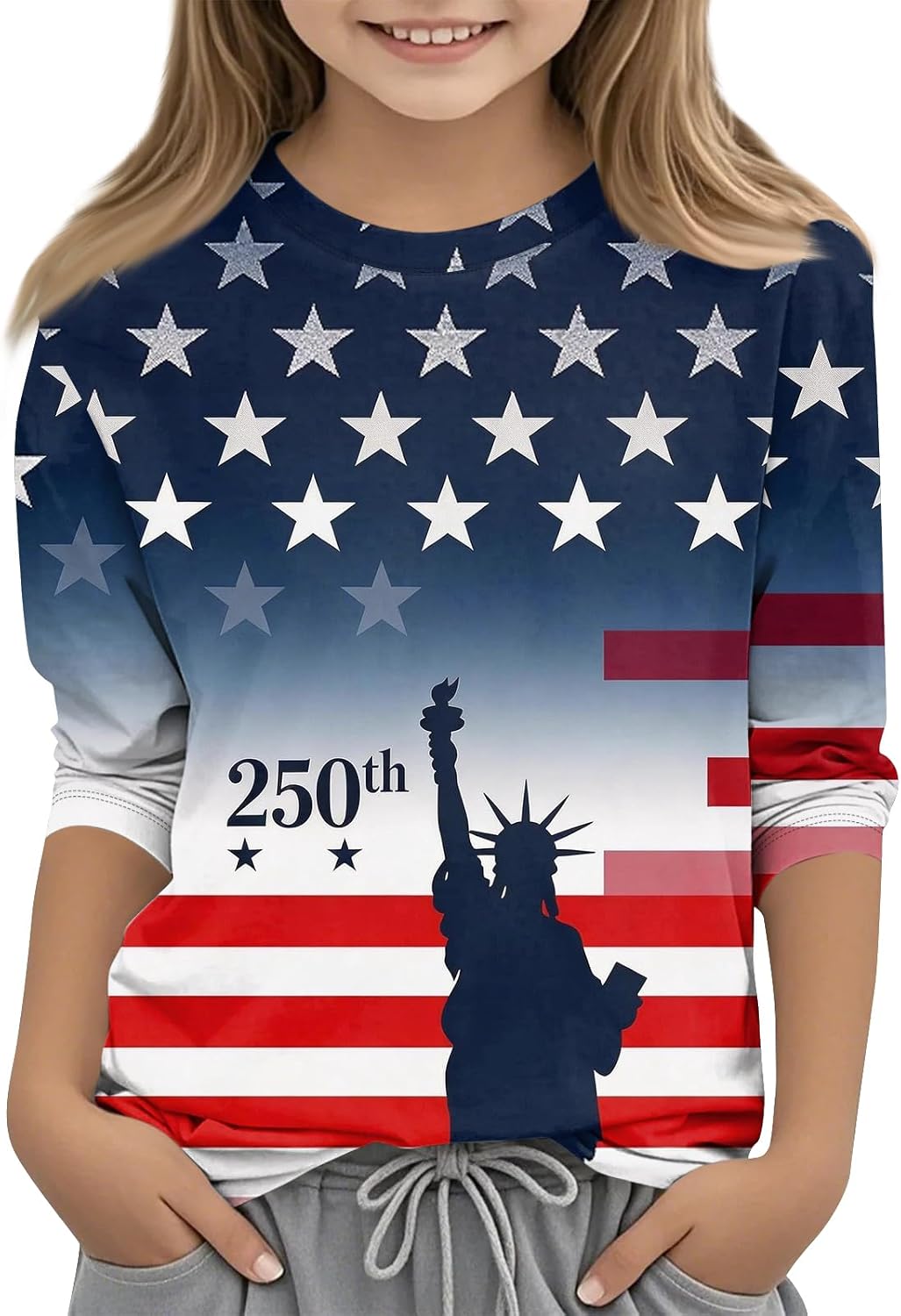 Girl Trendy Crewneck T-Shirt 250 Anniversary USA Outfits Kids 3/4 Sleeve Shirts 4Th of July Patriot Clothes
