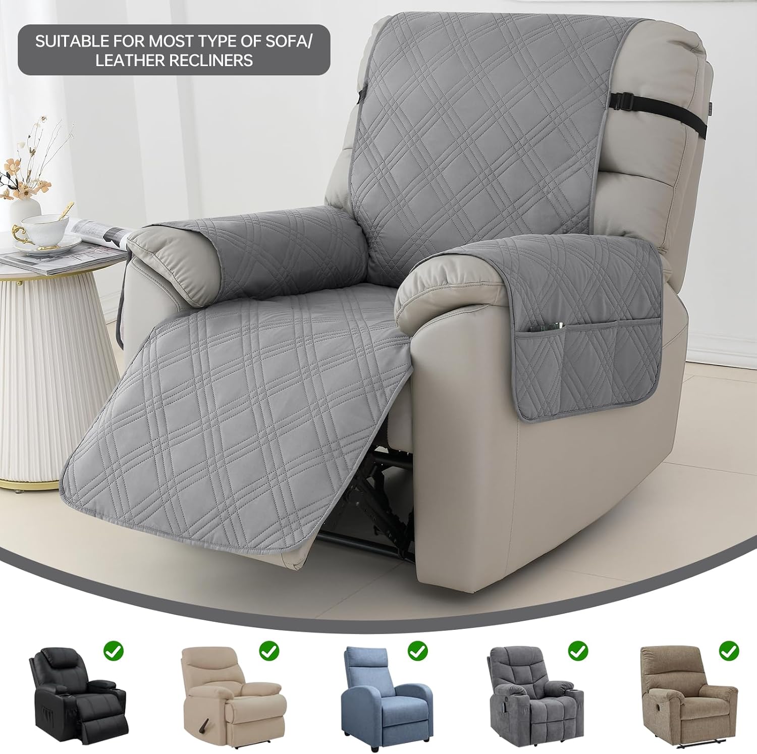 Deisy Dee Waterproof Recliner Chair Covers with Storage Pocket - Extend Sofa Life, Comfortable & Washable, Available in 10 Colors (Light Grey, 24.8 ")