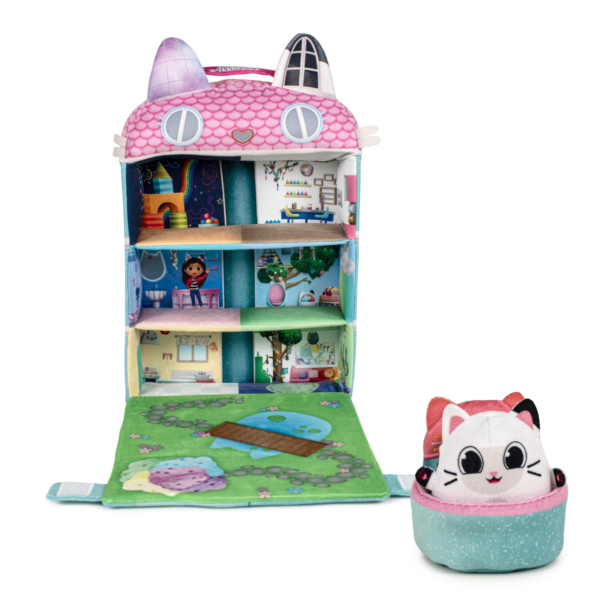 Famosa Softies, Plush Dollhouse, Casa de Peluche de Gabby, Incluye un Mini Peluche de Pandy Paw y un Ascensor que recorre la Casa Mágica, Material Suave, Fácil de Transportar, Famosa (760023260)