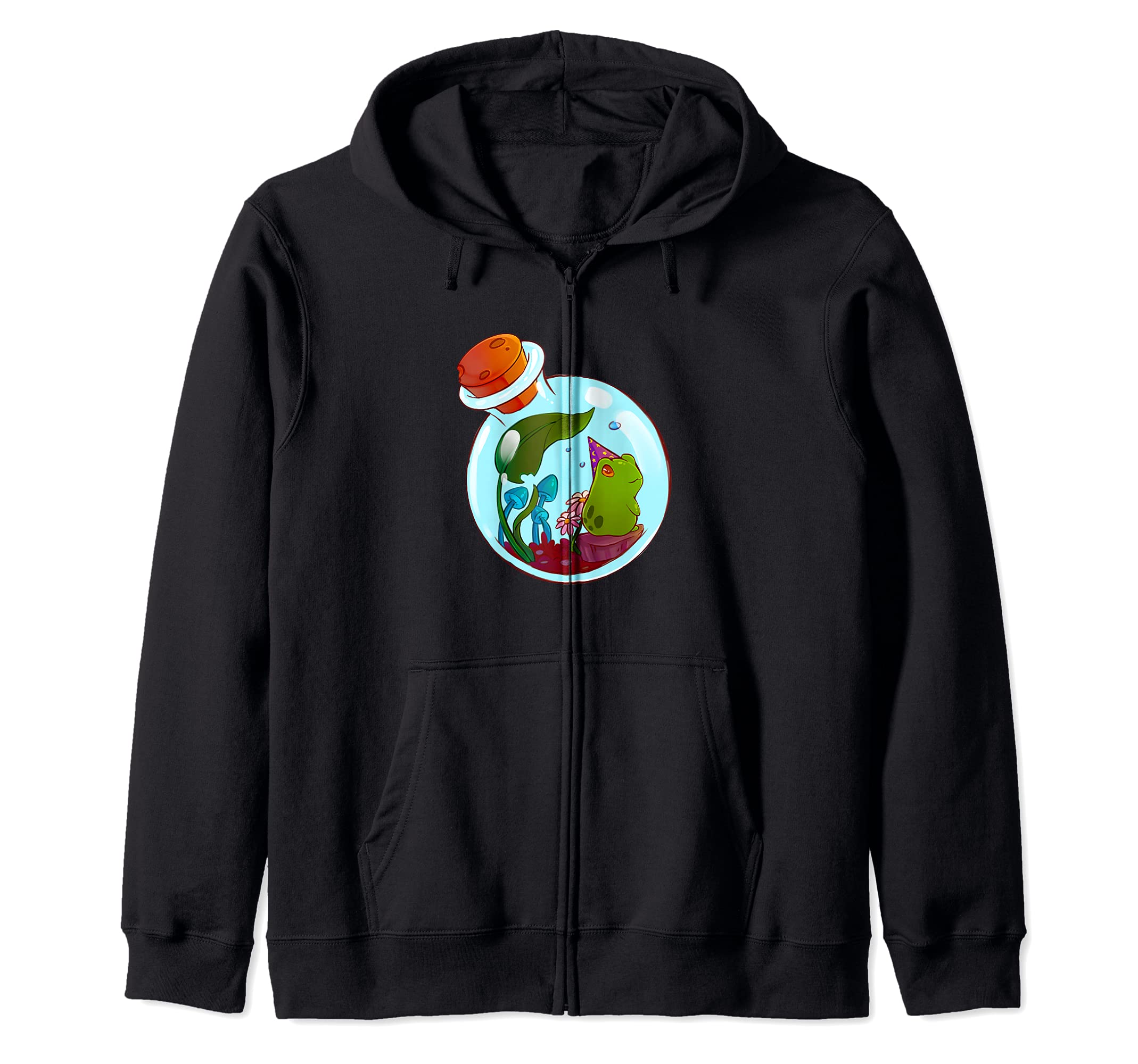 Frog Terrarium Kawaii Witch Cute Cottagecore Aesthetic Zip Hoodie, Black