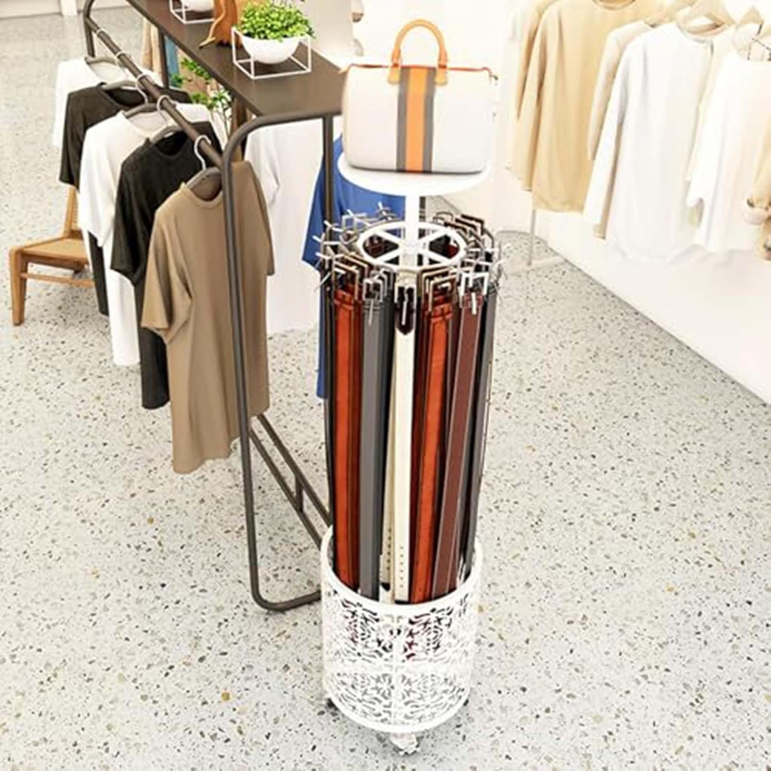 Tie Display Stand, Freestanding Coat Rack, Stand 360° Swivel for Storing Coats and Ties Coat On Wheels, with Bottom Storage Basket, for Gift Shop/Clothing Store(Black)