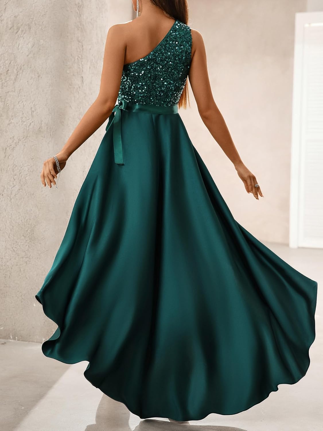 Green One Shoulder Cocktail Prom Sequin Dresses Satin Formal Wedding Guest Dresses High Low Hem Sleeveless Homecoming Dress - Image 2