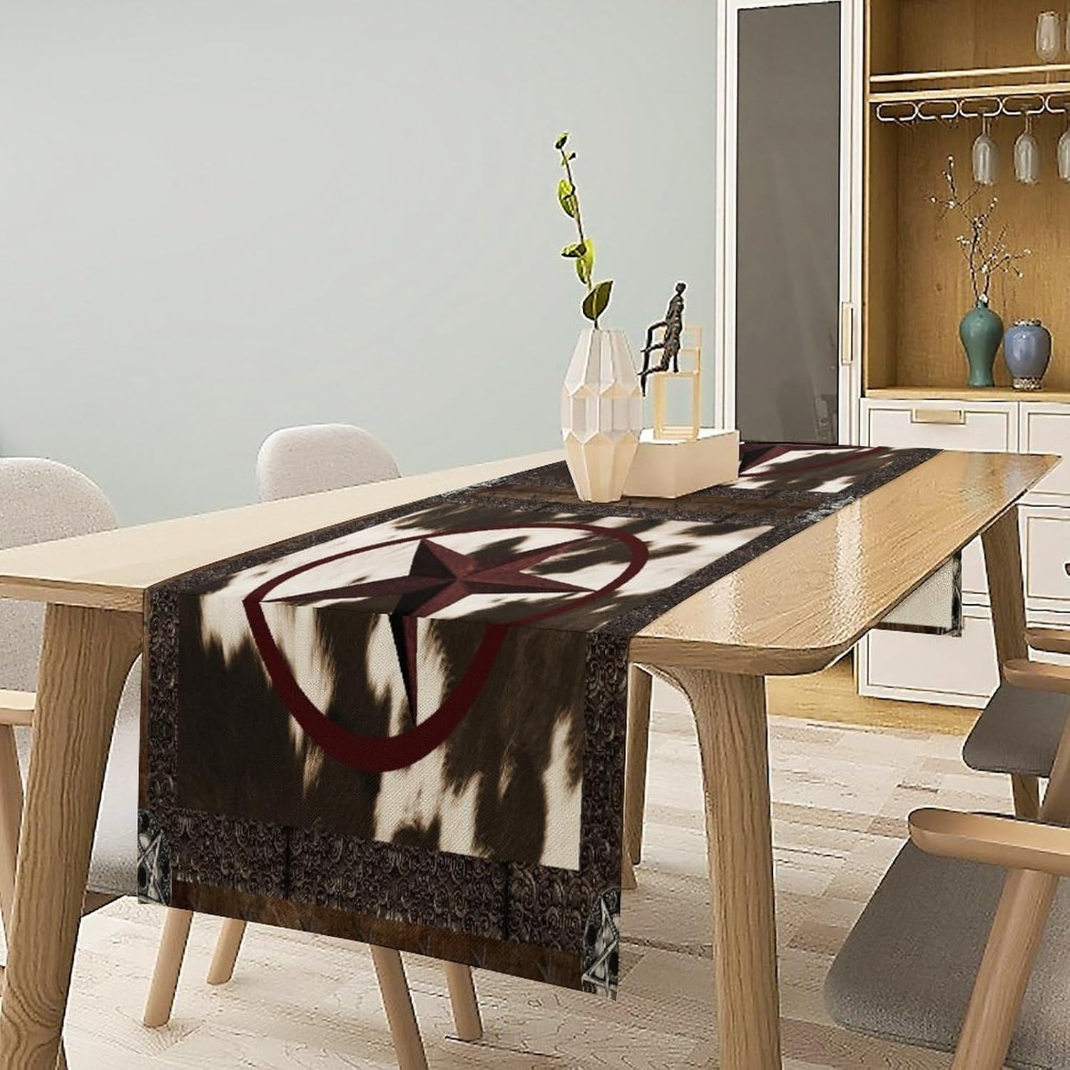 Cowhide Print Table Runner,Cowhide Rustic Fur Wood Western Geometric Stars Burlap Tablecloth Kitchen Table Cover for Dining Room Kitchen Coffee Table Decor,W13X L108