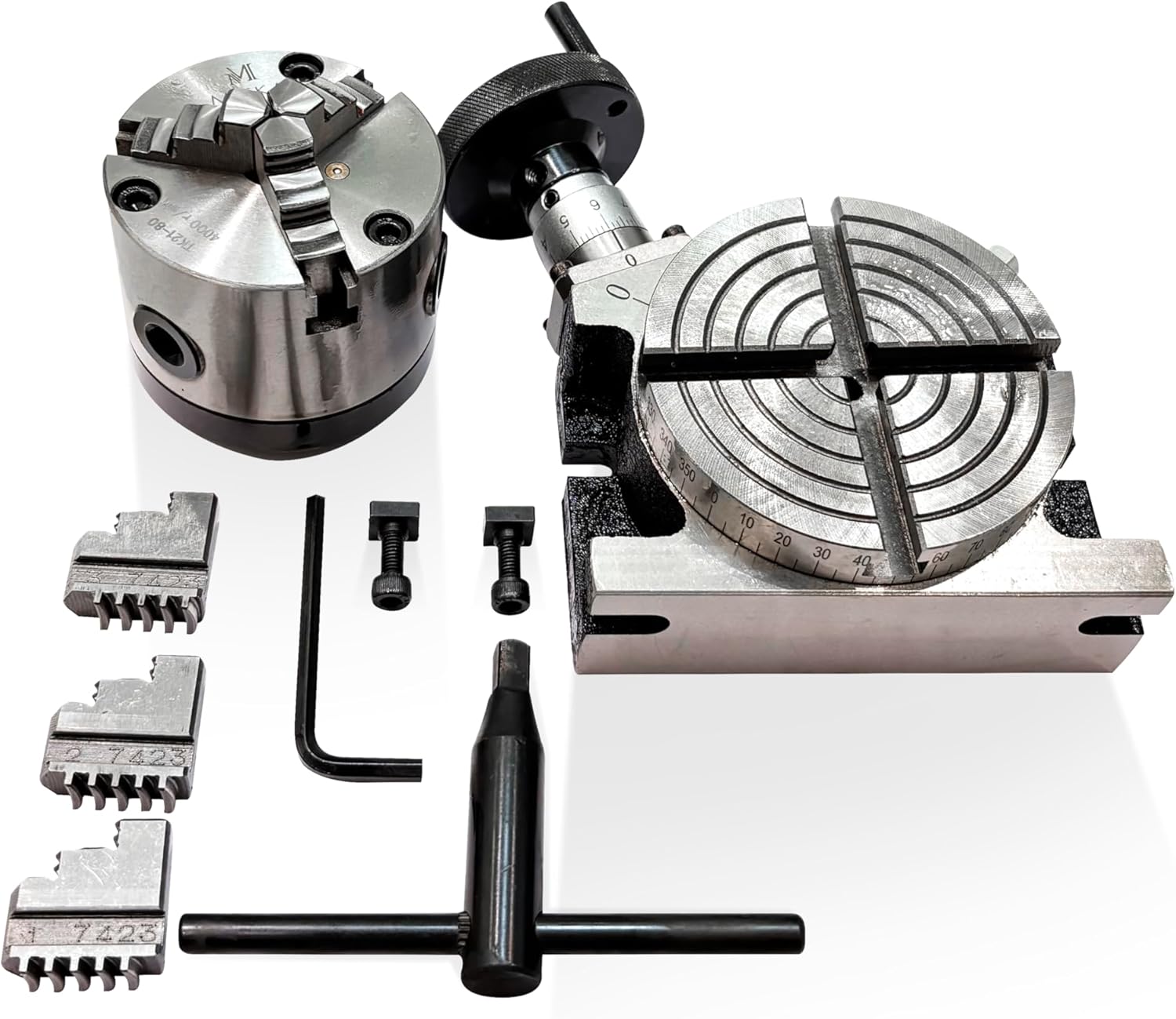 4" (100mm) Rotary Table for Milling Machine - Horizontal & Vertical Mount Setup with 80mm Self Centering Chuck, Back Plate & T-Nuts - Precision Cutting Tool for Wood & Metalworking