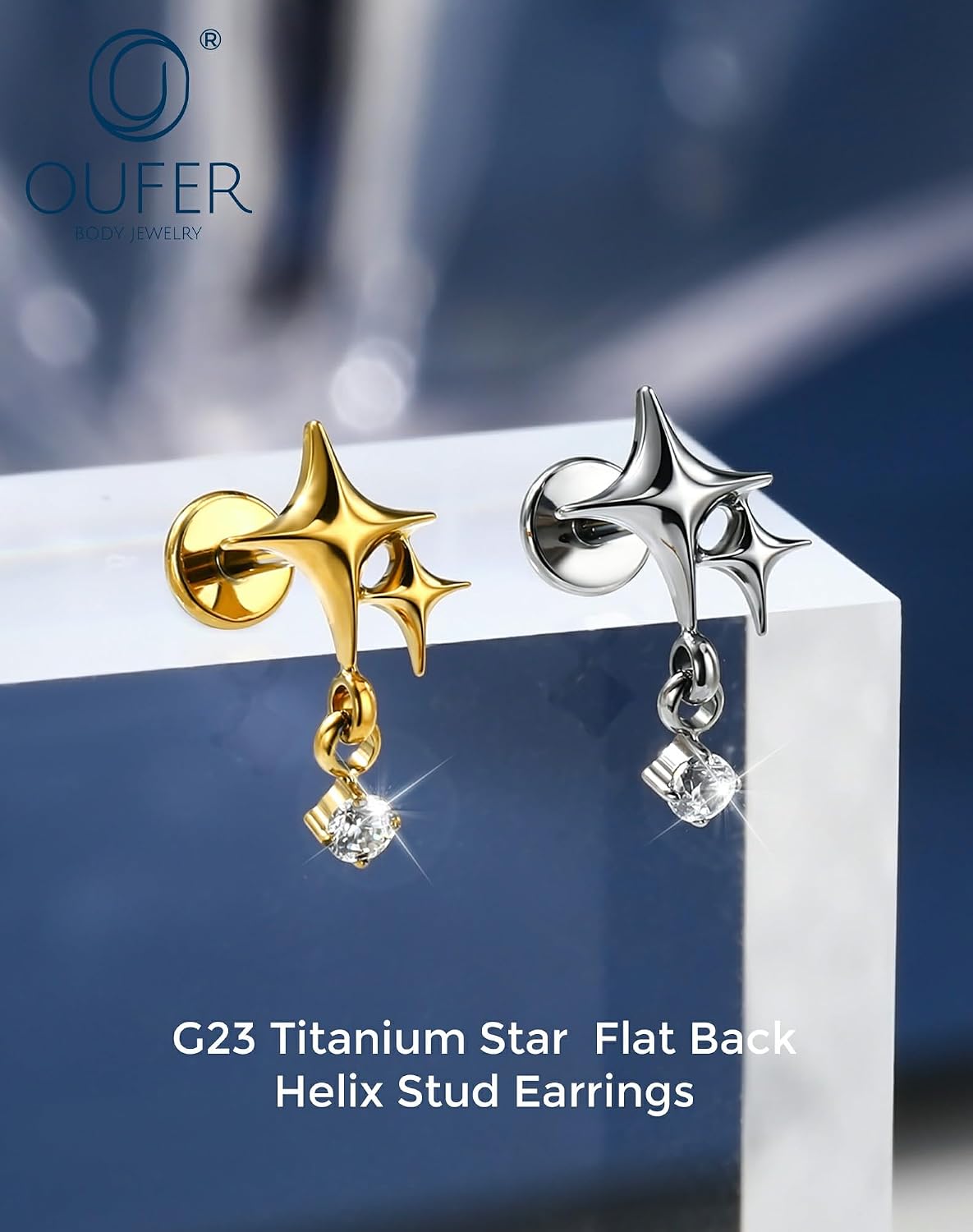 OUFER G23 Titanium Flat Back Helix Earrings, 16g Internally Threaded Nose Stud, Star Dangle Tragus Conch Lip Cartilage Piercing Jewelry for Women