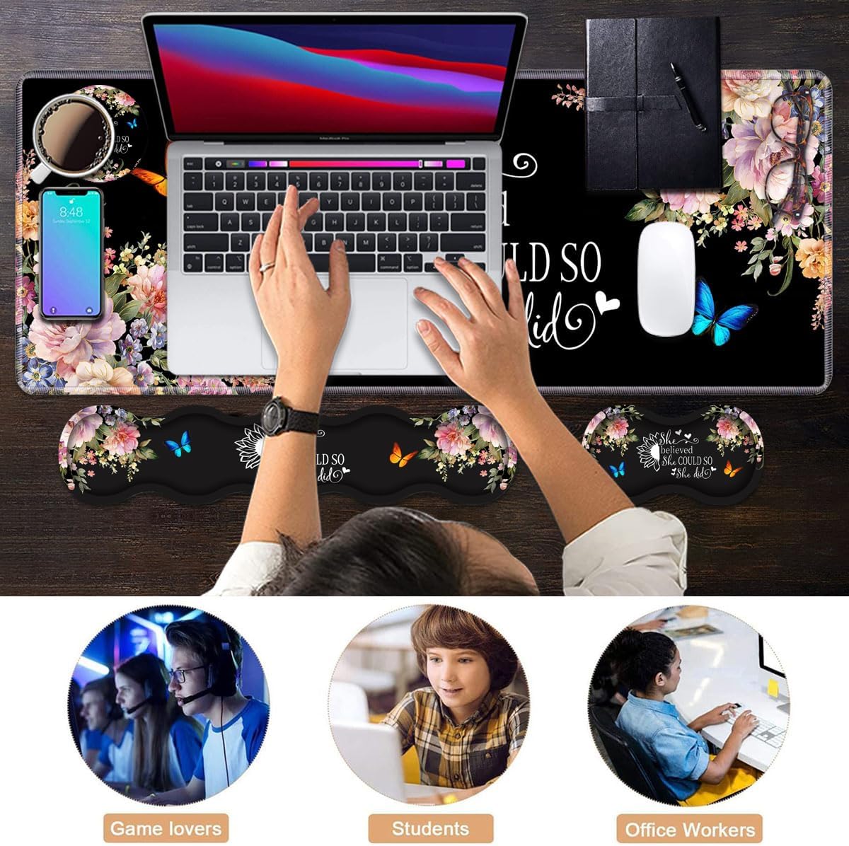 Ergonomic Keyboard Wrist Rest & Mouse Pad Wrist Rest Set, 31.5"x 11.8" Large XXL Gaming Desk Pad Memory Foam Non-Slip Desk Mat for Office & Home, Floral Quote She Believed She Could So She Did