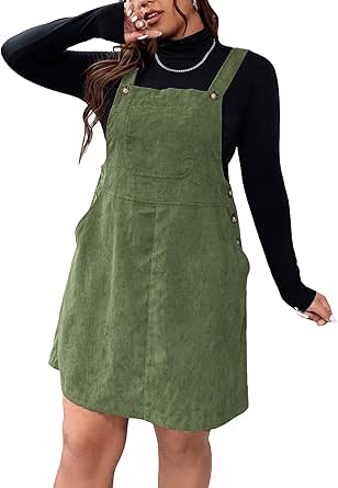 WDIRARA Women's Plus Size Corduroy Overalls Sleeveless Solid Pinafore Dress with Pocket