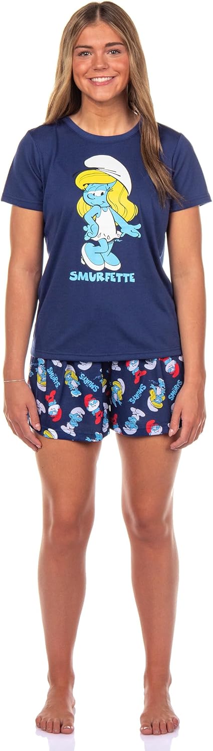 INTIMO The Smurfs 2 Piece Pajama Set Women's Smurfette Adult Short Sleeve Shirt and Shorts Lounge Sleepwear - Image 2
