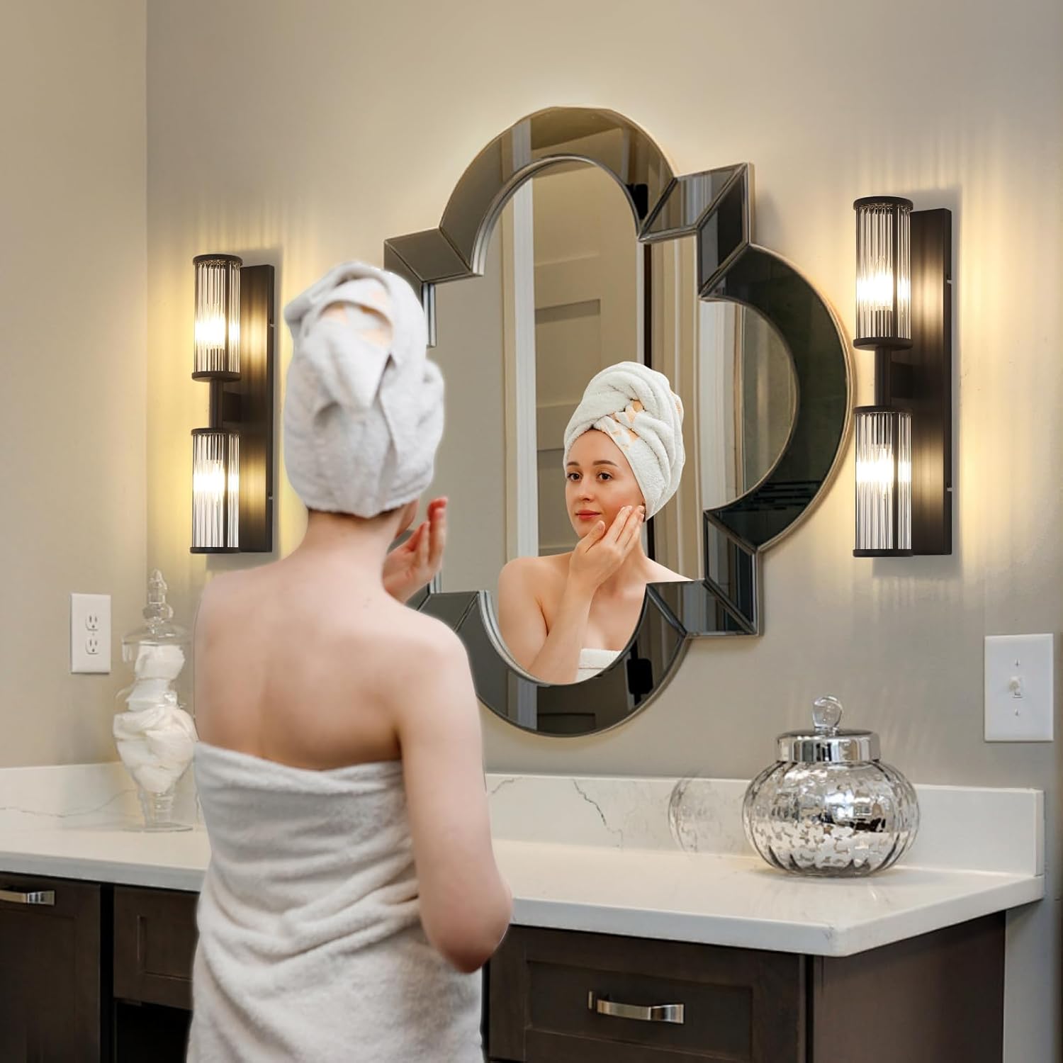 2-Light Modern Vanity Wall Lamp in Brushed Brass, Industrial Bathroom Lighting with Glass Rod Shades, Adjustable Modern Mirror Lights for Bedroom & Bathroom, Wall Sconce for Makeup Vanity