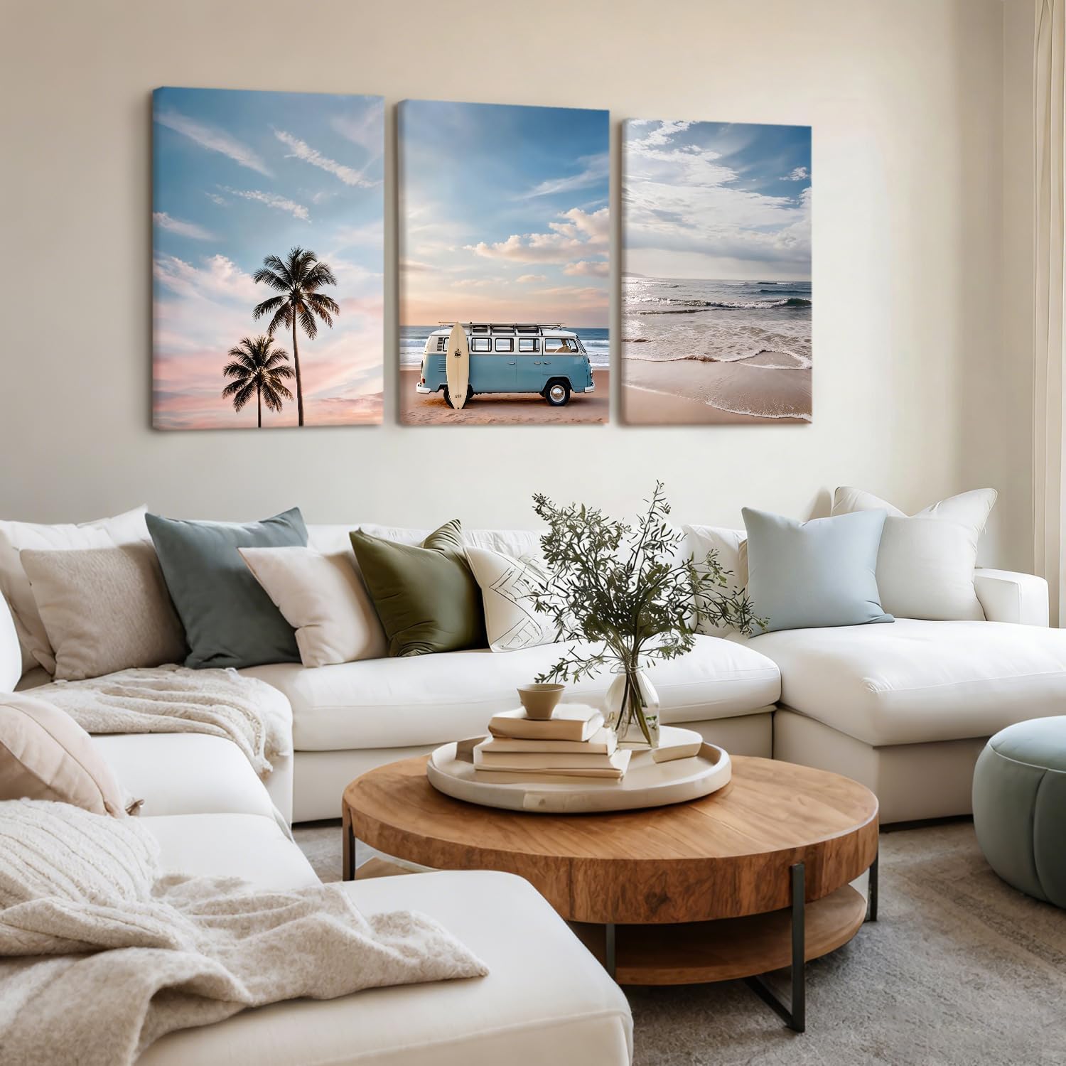 HCJWCXD 3-Piece Beach Canvas Wall Art Boho Framed Ocean Wave Ocean Poster Vintage Blue Van Palm Van Print Painting Mid-Century Modern Coastal Wall Decor 12x16 Inch for Living Room Bedroom Office