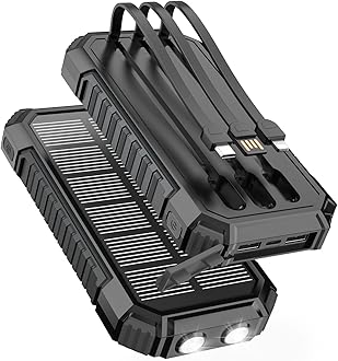 FEELLE Solar Charger for Outdoor: 27000mAh Power Bank with Built-in Cables - 15W Fast Charging Portable Charger with 2 Flashlights for All Smartphone -External Battery Pack for Camping(Black)