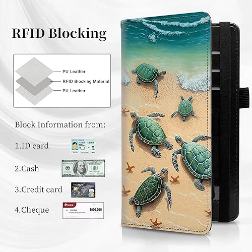 Vista 110 de Funda para chequera personal con diseño de tortuga marina verde, funda de piel sintética para hombres y mujeres, con ranuras para tarjetas, soporte