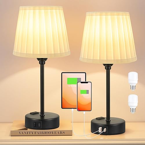 Miniatura 8 de Juego de 2 lámparas de noche blancas para dormitorio, mesita de noche con puerto USB C y carga de salida de CA, control táctil regulable de 3 vías,