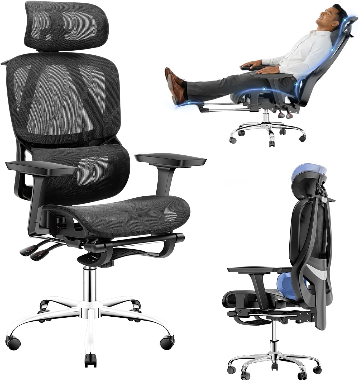 Cadeira de escritório ergonômica preta em vista frontal com apoio de cabeça e assento em mesh.