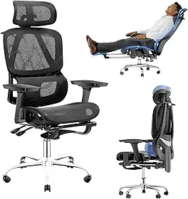 Cadeira de Escritório Ergonômica com Apoio para os Pés, Encosto Reclinável 145°, Apoios de Braço 3D Ajustáveis, Apoio de Cabeça e Lombar Ajustáveis, Mesh Transpirável, Cadeira para Home Office
