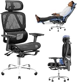 Cadeira de Escritório Ergonômica com Apoio para os Pés, Encosto Reclinável 145°, Apoios de Braço 3D Ajustáveis, Apoio de Cabeça e Lombar Ajustáveis, Mesh Transpirável, Cadeira para Home Office