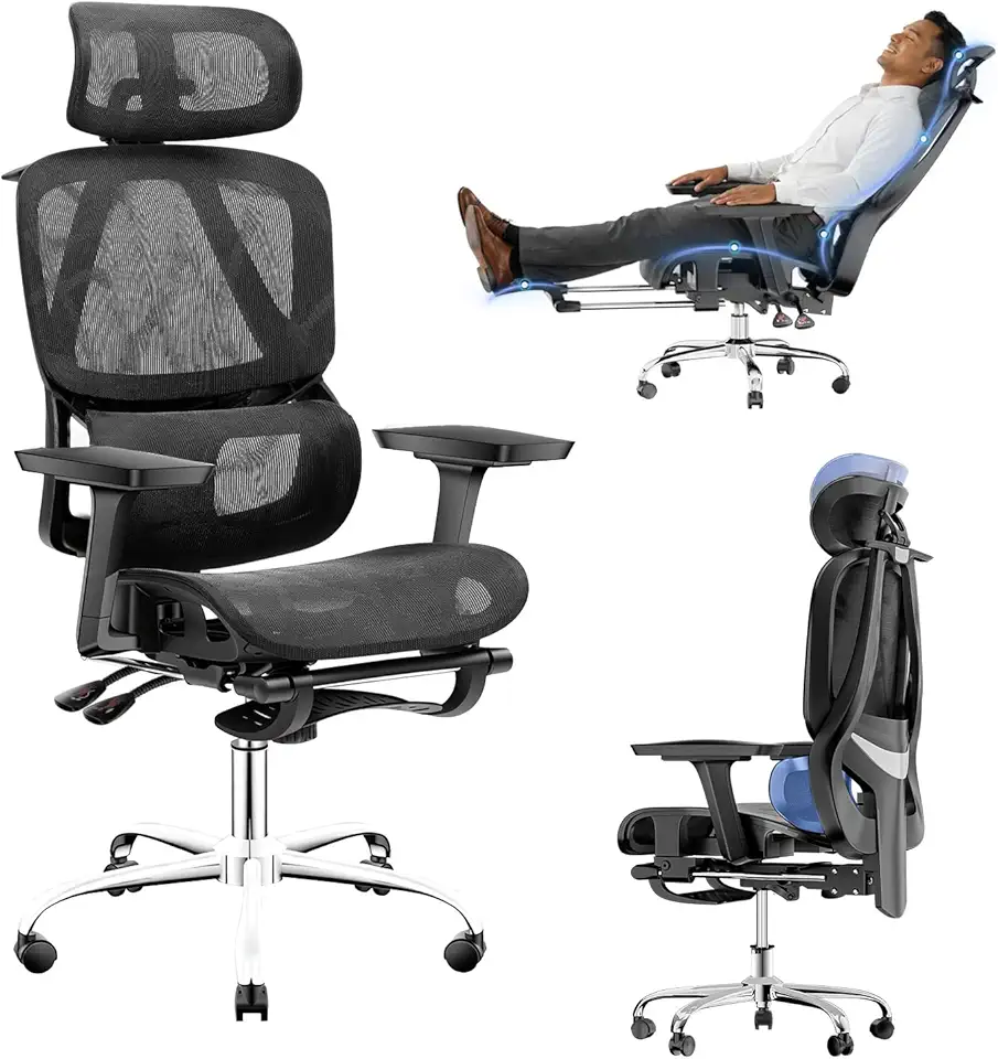 Cadeira de Escritório Ergonômica com Apoio para os Pés, Encosto Reclinável 145°, Apoios de Braço 3D Ajustáveis, Apoio de Cabeça e Lombar Ajustáveis, Mesh Transpirável, Cadeira para Home Office