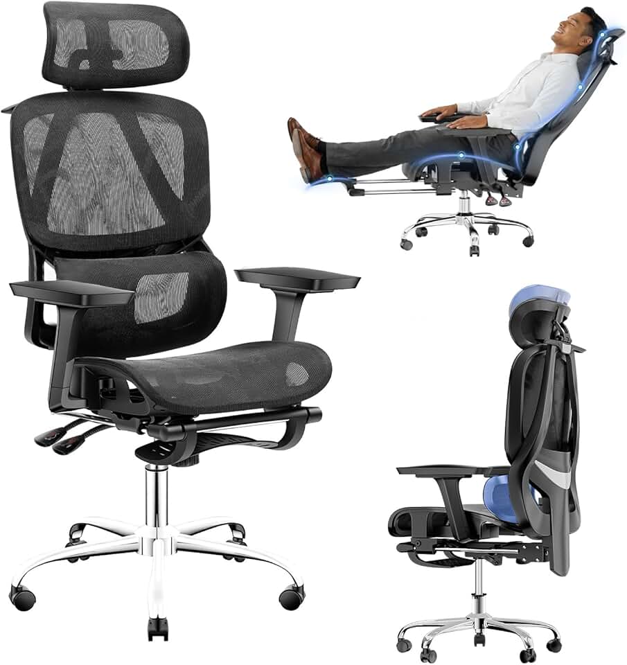 Cadeira de Escritório Ergonômica com Apoio para os Pés, Encosto Reclinável 145°, Apoios de Braço 3D Ajustáveis, Apoio de Cabeça e Lombar Ajustáveis, Mesh Transpirável, Cadeira para Home Office