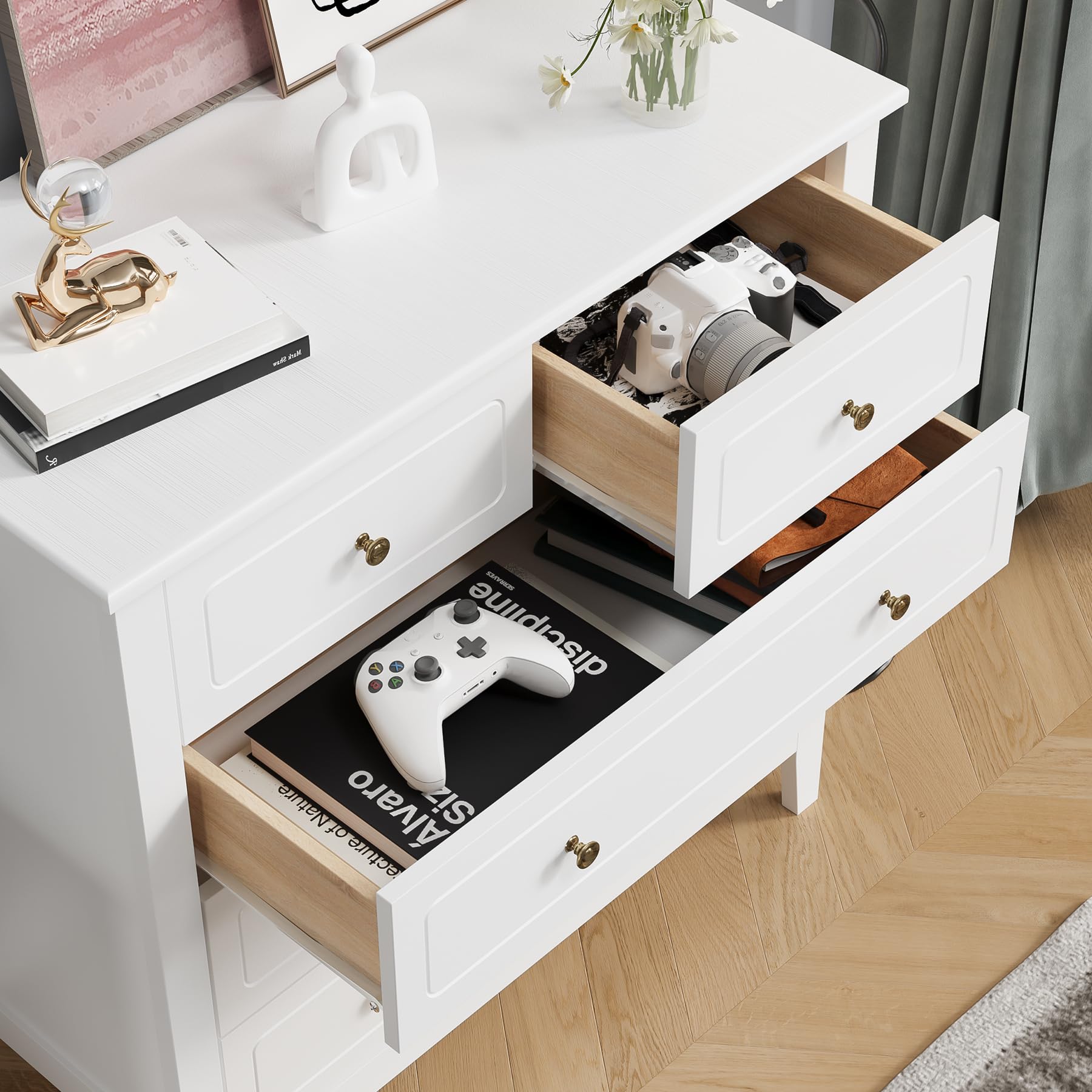 FOREHILL Kommode weiß, Kommode mit 5 Schubladen, Sideboard Komodenschrank für Schlafzimmer Wohnzimmer Flur, 80x40x80cm