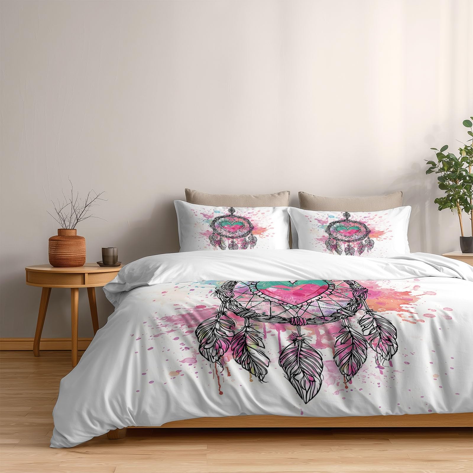 Generisch Ästhetischer Boho Stil 3-teiliges Bettwäsche-Set, 1 Bettbezug 240 x 220 cm und 2 Kissenbezüge 80 x 80 cm, Weiß, Herz Traumfänger Federn, Pflegeleicht, Erwachsene, Schlafzimmer