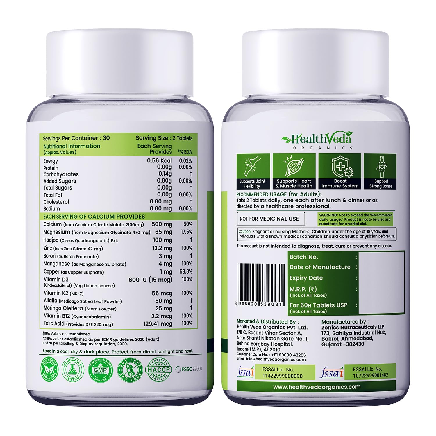 Health Veda Organics Calcium Magnesium Zinc with Vitamin D3, K2 MK7 & B12 | With Cissus Quadrangularis | Supports Strong Bones & Joint Health | 1000mg | 60 Veg Tablets | For Men & Women — Amazon image 9