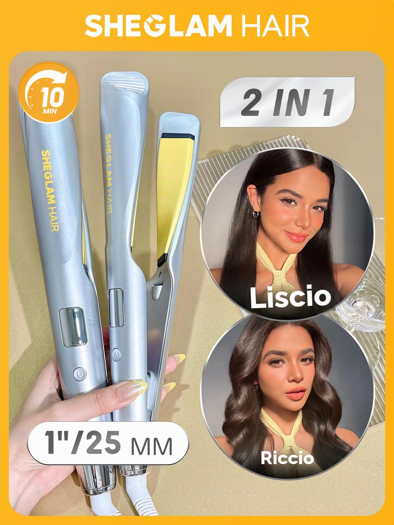 SHEGLAM Sleek Chic Twist Kiss - Piastra lisciante 2 in 1 (lisciatura e ricci), 1 pollice, 60 secondi, riscaldamento rapido, 20 milioni di ioni negativi, 5 livelli di temperatura, facile da viaggiare