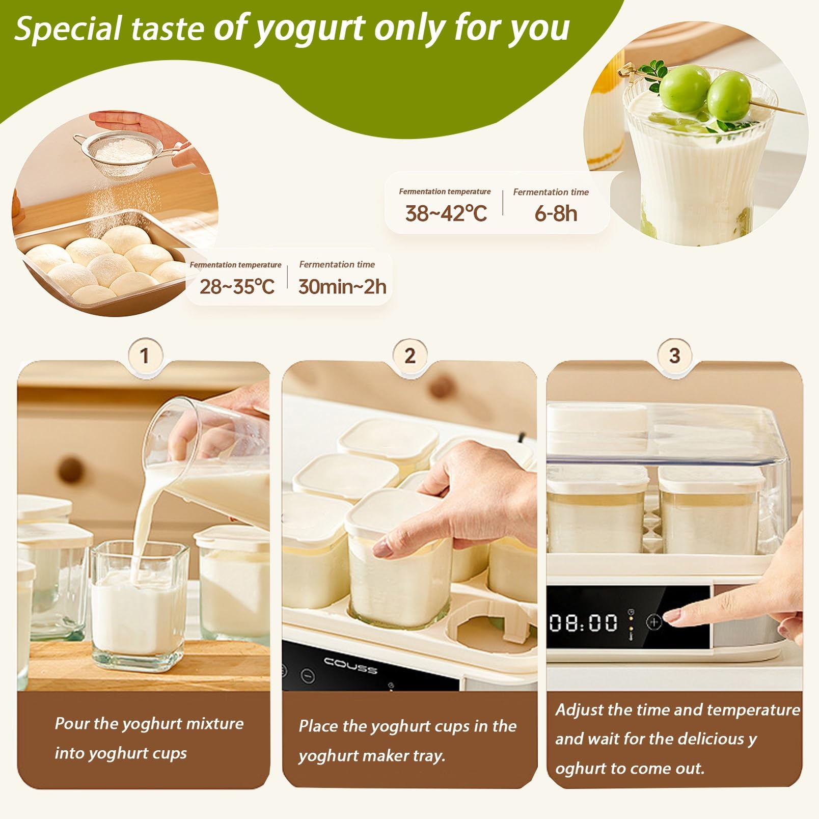 Yogurtiera Elettrica/Yogurtiera Automatica/Macchina per Yogurt Automatica con 9 Barattoli in Vetro, Display LED, Timer, Controllo Temperatura e Tempo per Yogurt Biologico Fatto in Casa