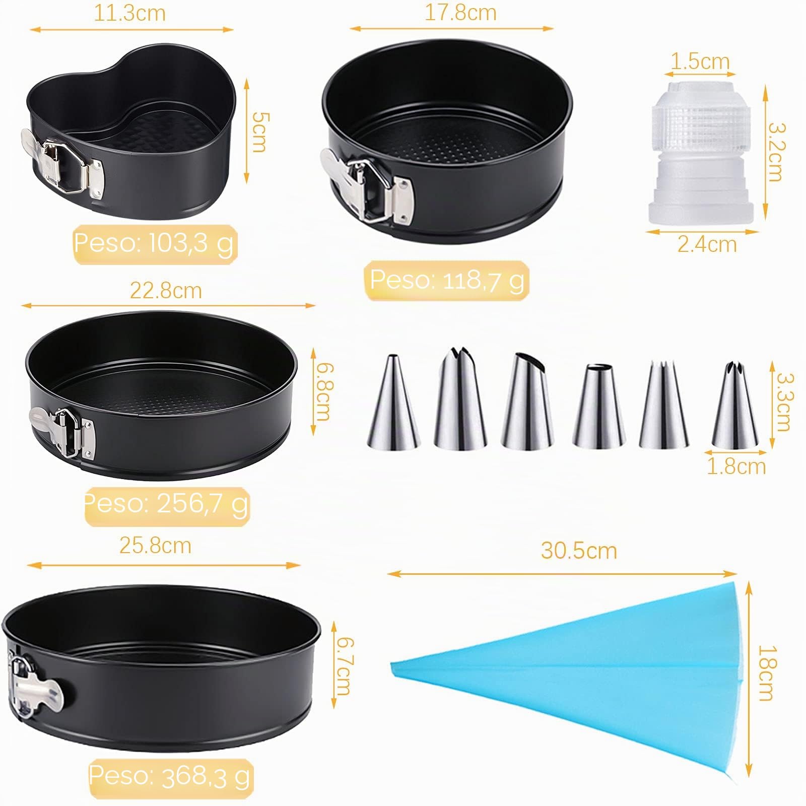 Amzeeniu Stampo per cerniera, set di 4 11/18/23/26 cm, stampo per torta rotondo professionale e utensili da cucina, fondo rimovibile antiaderente con kit di 8 boccole da pasticceria e 3 torte