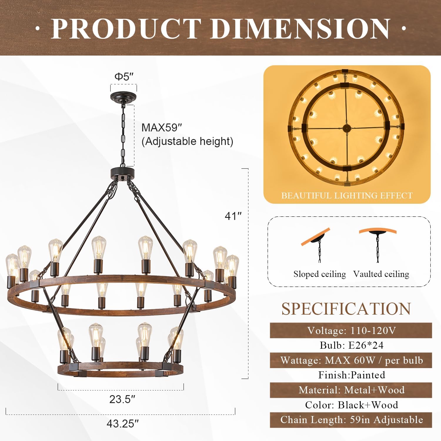 2 Tier Wooden Wagon Wheel Chandelier 43.3'' Farmhouse 24 Lights(16+8) Black Rustic Light Fixture 2-Story Round Wood Chandelier for High Ceiling Living Dining Room Foyer Villa
