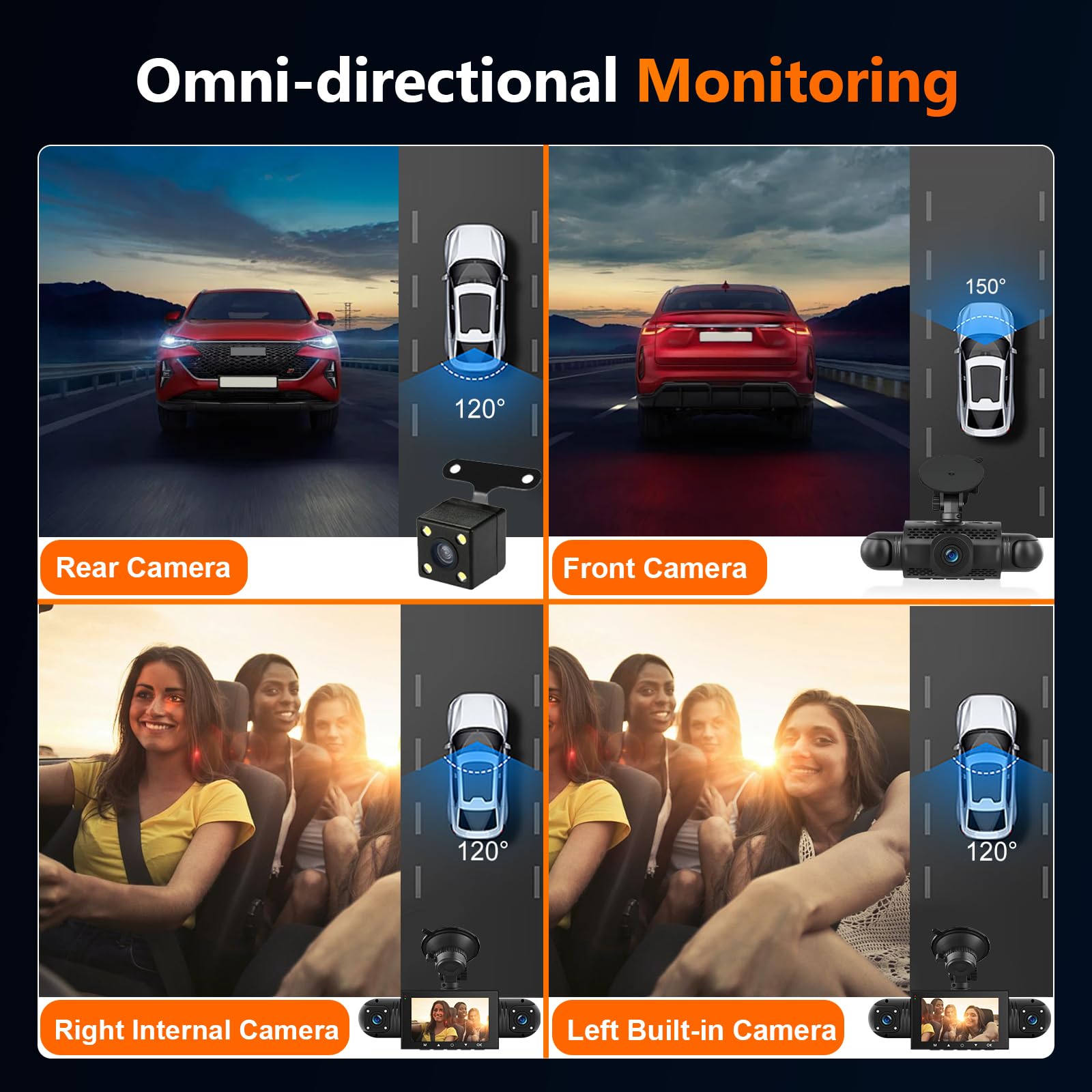 Podofo Mirror Dash Cam 4 Canales Delantera Trasera, Cámara de Espejo Retrovisor con Tarjeta de 64GB/G-Sensor/Monitorización de Aparcamiento/Visión Nocturna/24H Modo Aparcamiento + Cámara Trasera 1080P