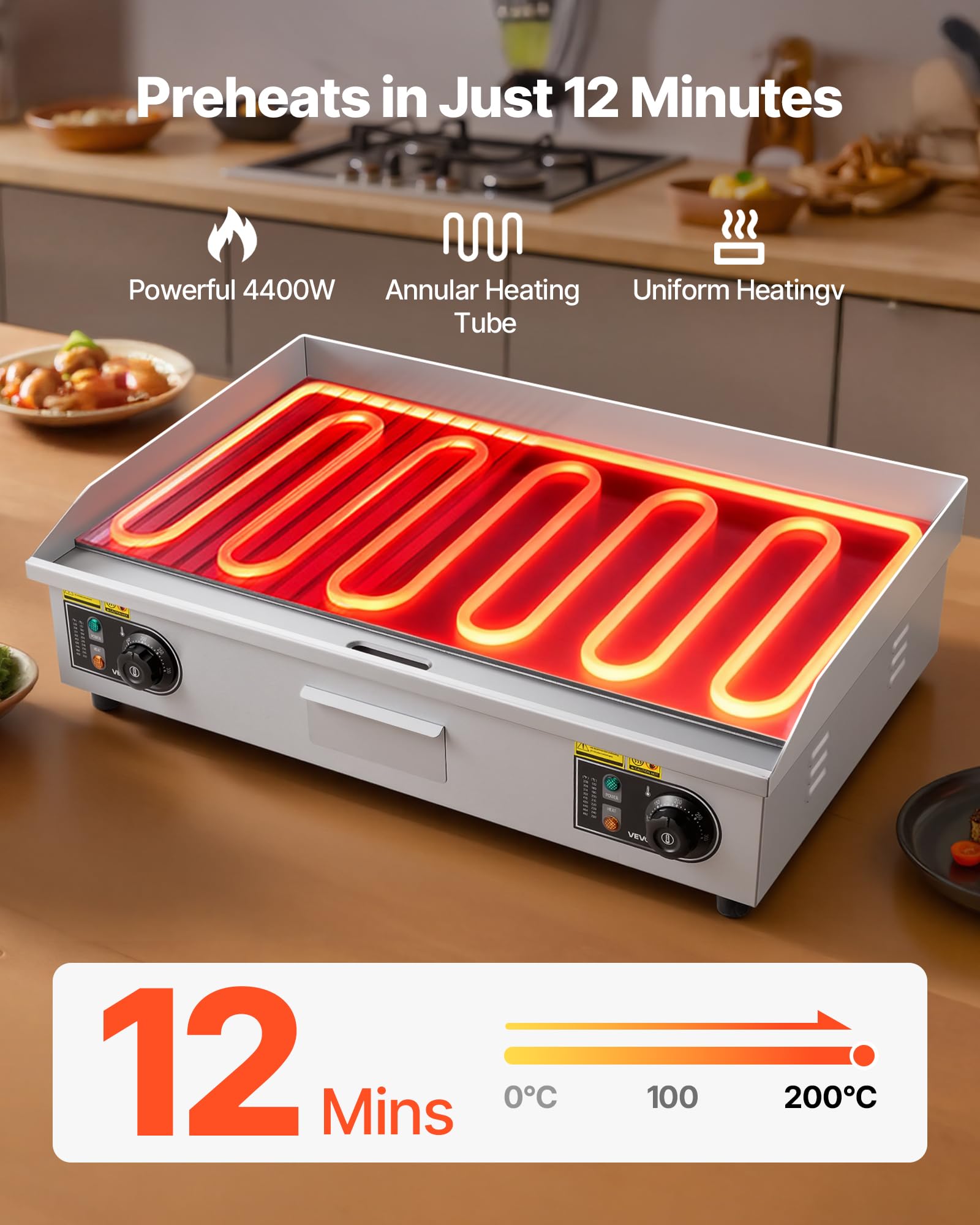 VEVOR Plancha Électrique 72,5x40 cm, Plaque à Snacker 4400 W, pour Barbecue Restaurant Snack-Bar, Plaque de Cuisson de Comptoir en Inox, Température Réglable 50-300 °C, Surface Mi-rainurée Mi-plate