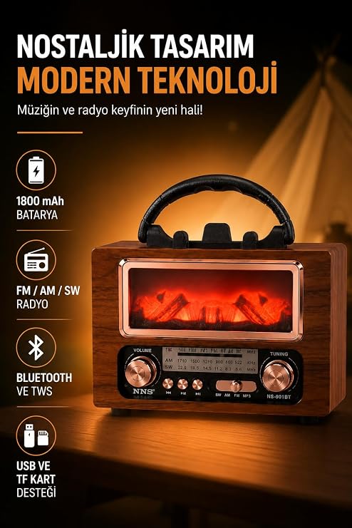 Coverzone Retro Bluetooth Radyo 1800mAh FM/AM/SW USB TF Kart TWS NS-901BT