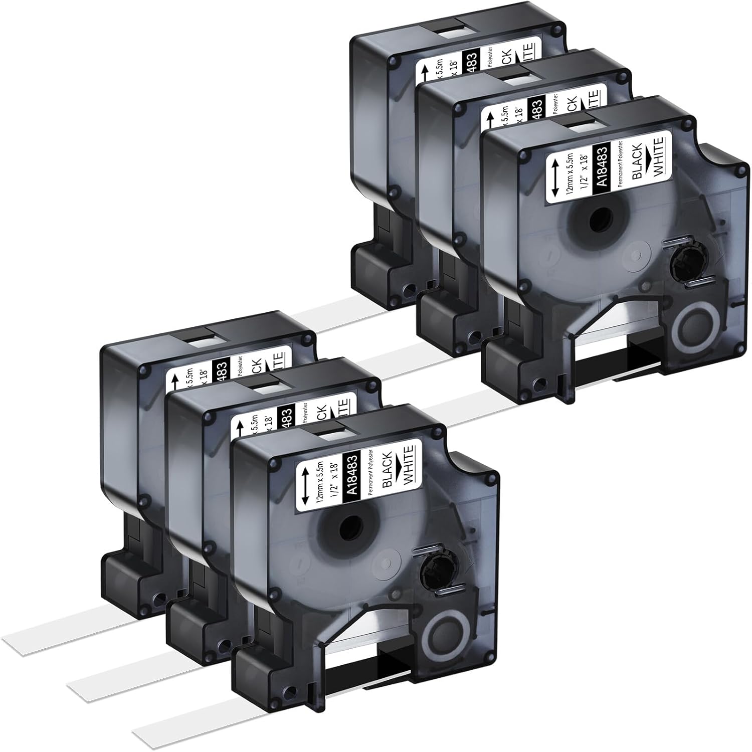 6 Pack Compatible for Dymo Rhino 18483 1/2" x 18' Black on White Permanent Polyester Industrial Label Tape Rhino 1000 3000 4200 5000 5200 6000 and 3M Label Makers