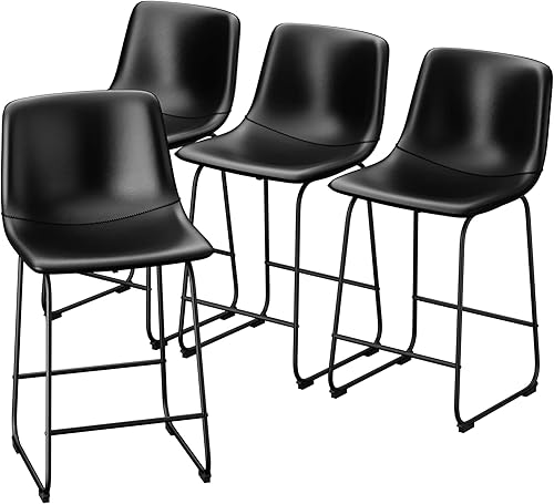 Juego de 4 taburetes de bar de piel sintética, taburetes de bar modernos de 26 pulgadas con patas de metal y reposapiés, sillas de comedor urbanas