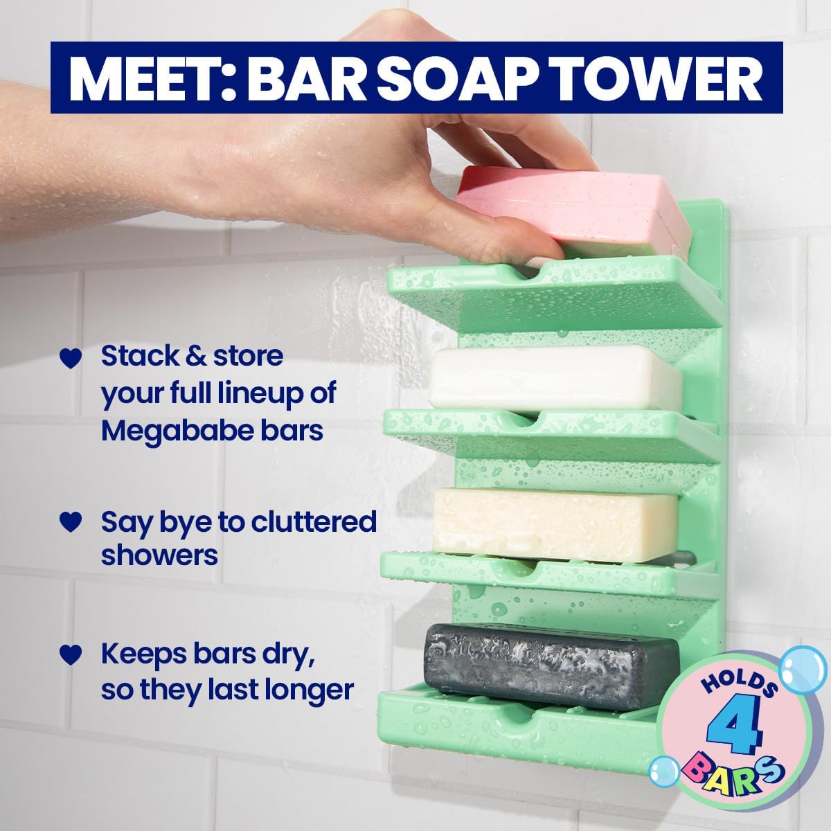 Megababe 4-Tier Bar Soap Tower | Holds 4 Bars | Suctions or Sticks | Self-Draining - Image 2