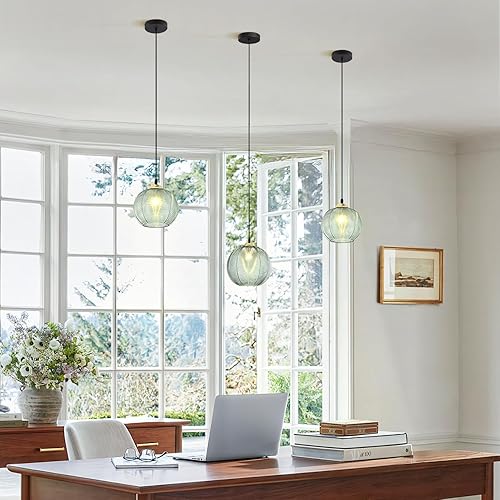 Miniatura 7 de KCO Iluminación individual de cristal verde colgante de globo grande iluminación nórdica acanalada techo colgante lámpara vintage comedor cocina