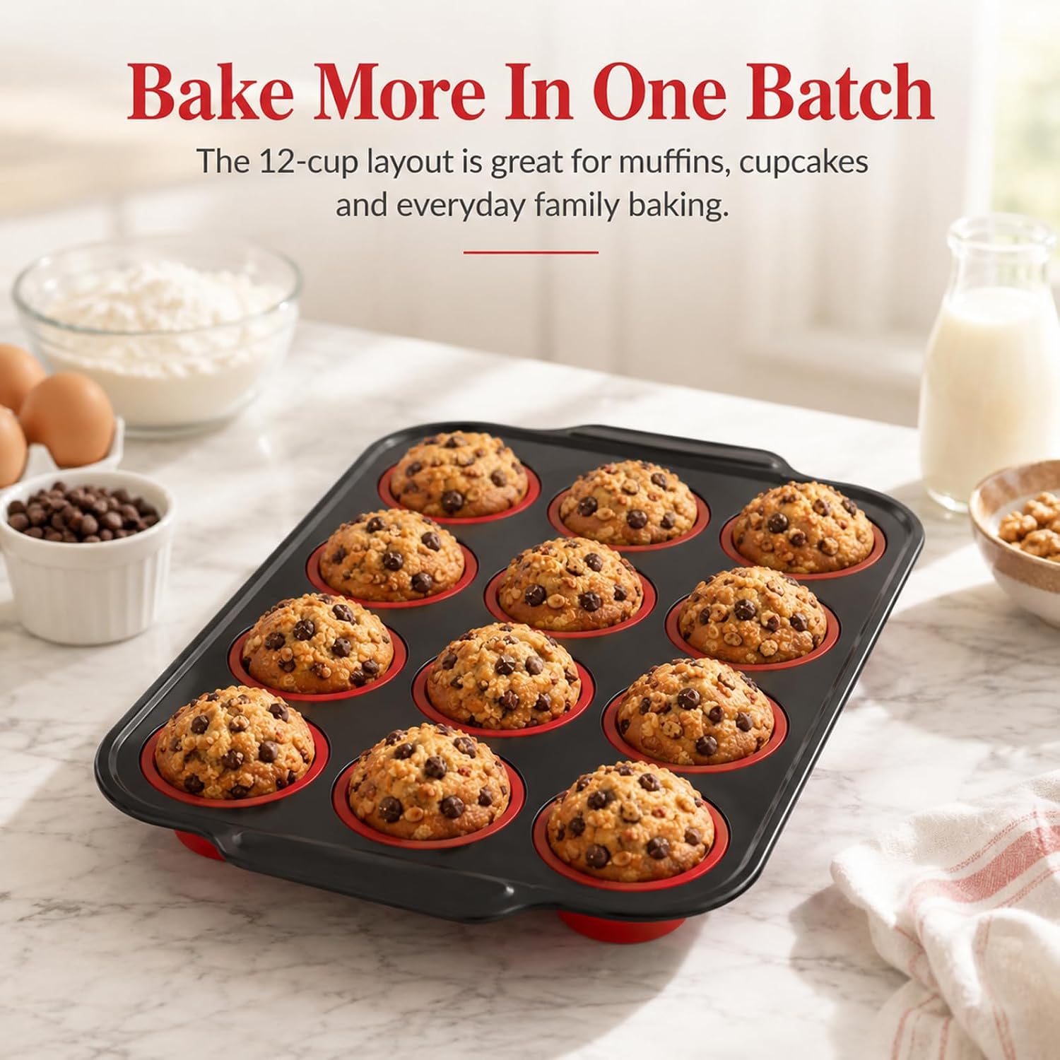 12-Cup Silicone Muffin Pans, Nonstick Egg Bite Molds for Baking, Food-Grade Cupcake Pan for Oven, Microwave, Dishwasher Safe, BPA-Free, Silicone Baking Mold for Muffins, Cupcakes, Egg Muffins, Red