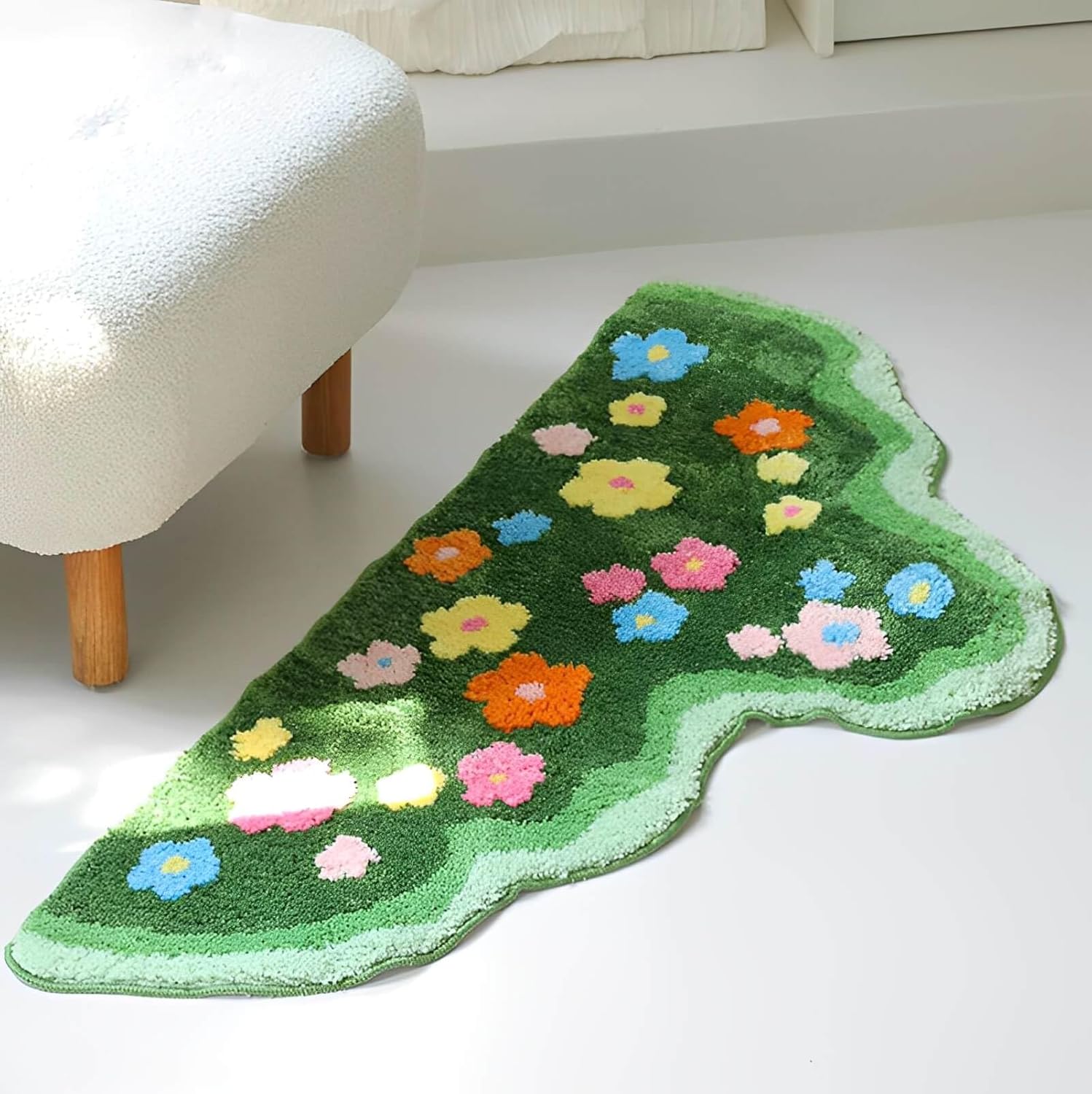 Bedside Moss Flower Rug - Non Slip Cute Bath Mat Irregular Shaped Tufted Rug, Green Bathroom Small Area Rugs for Bedroom Aesthetic (Half Circle 2x4ft)