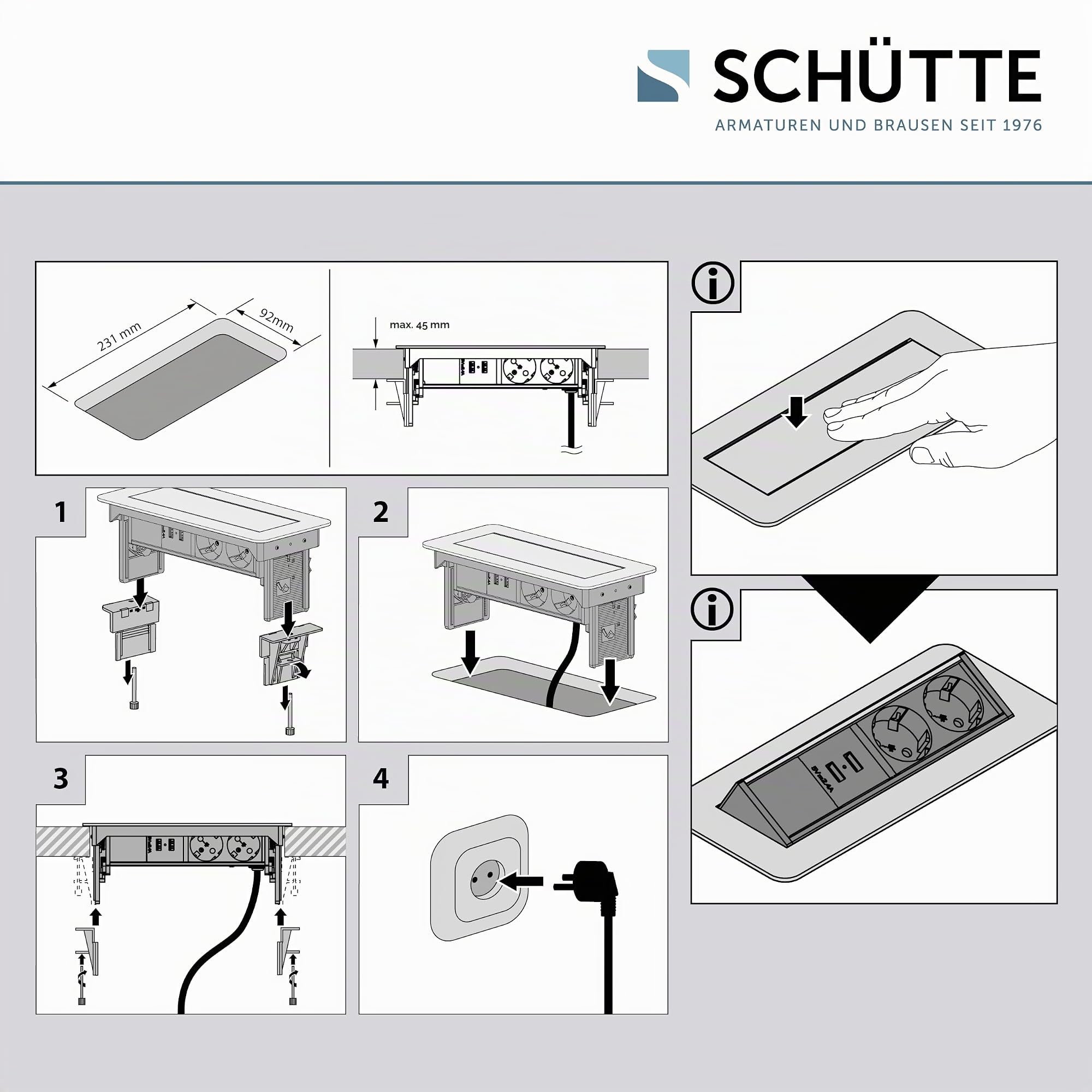 SCHÜTTE 3074 klappbare Steckdosenleiste für die Arbeitsplatte (2x USB & 2x 230 V Steckdosen), Einbausteckdose für die Küche zum Nachrüsten, Tischsteckdose aus Edelstahl