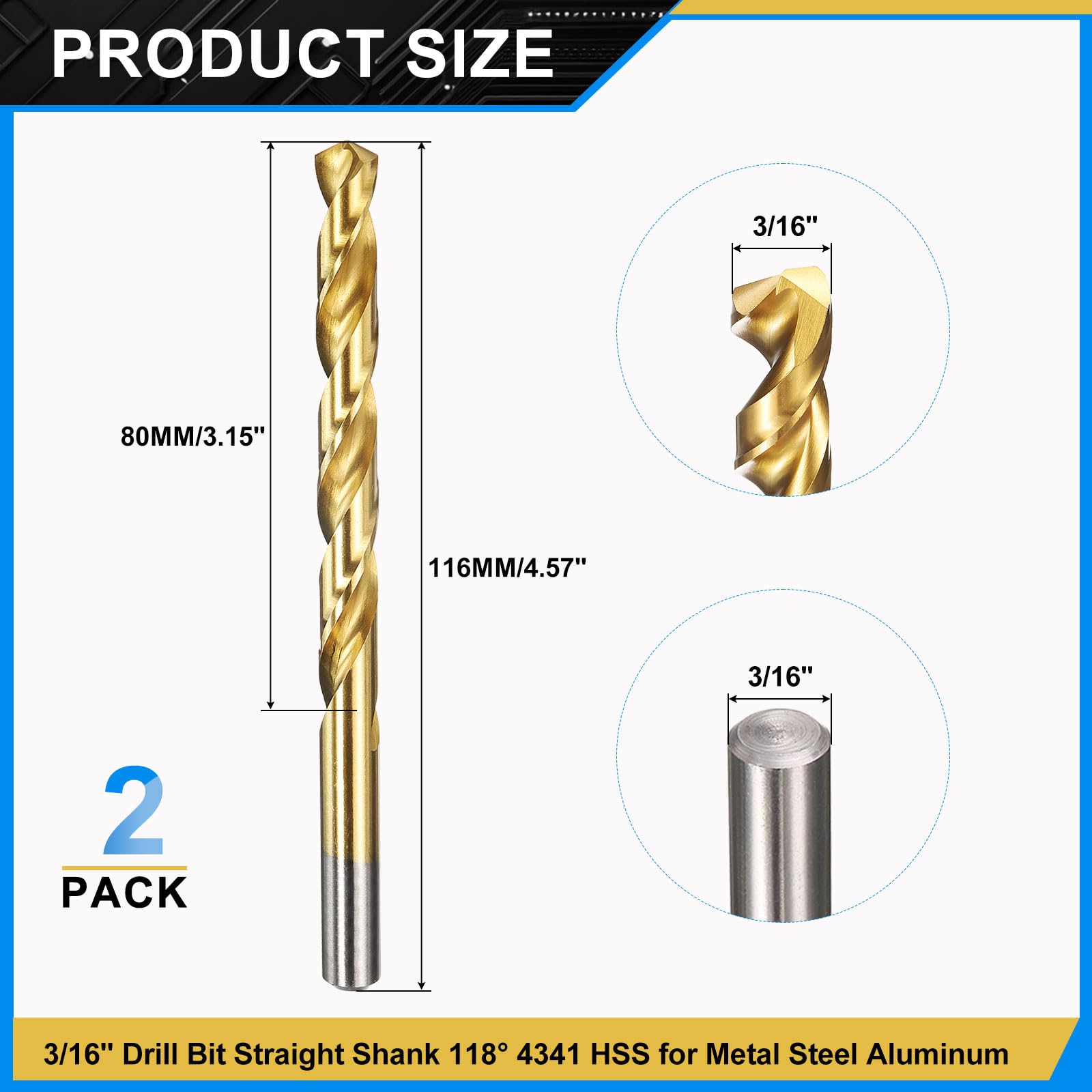 PATIKIL 7.9mm Drill Bit 5/16", Jobber Straight Shank 4341 High-Speed Steel 135° TiN Coated for Medium-hard Metal Steel Acrylic - 2 Pack - Image 2