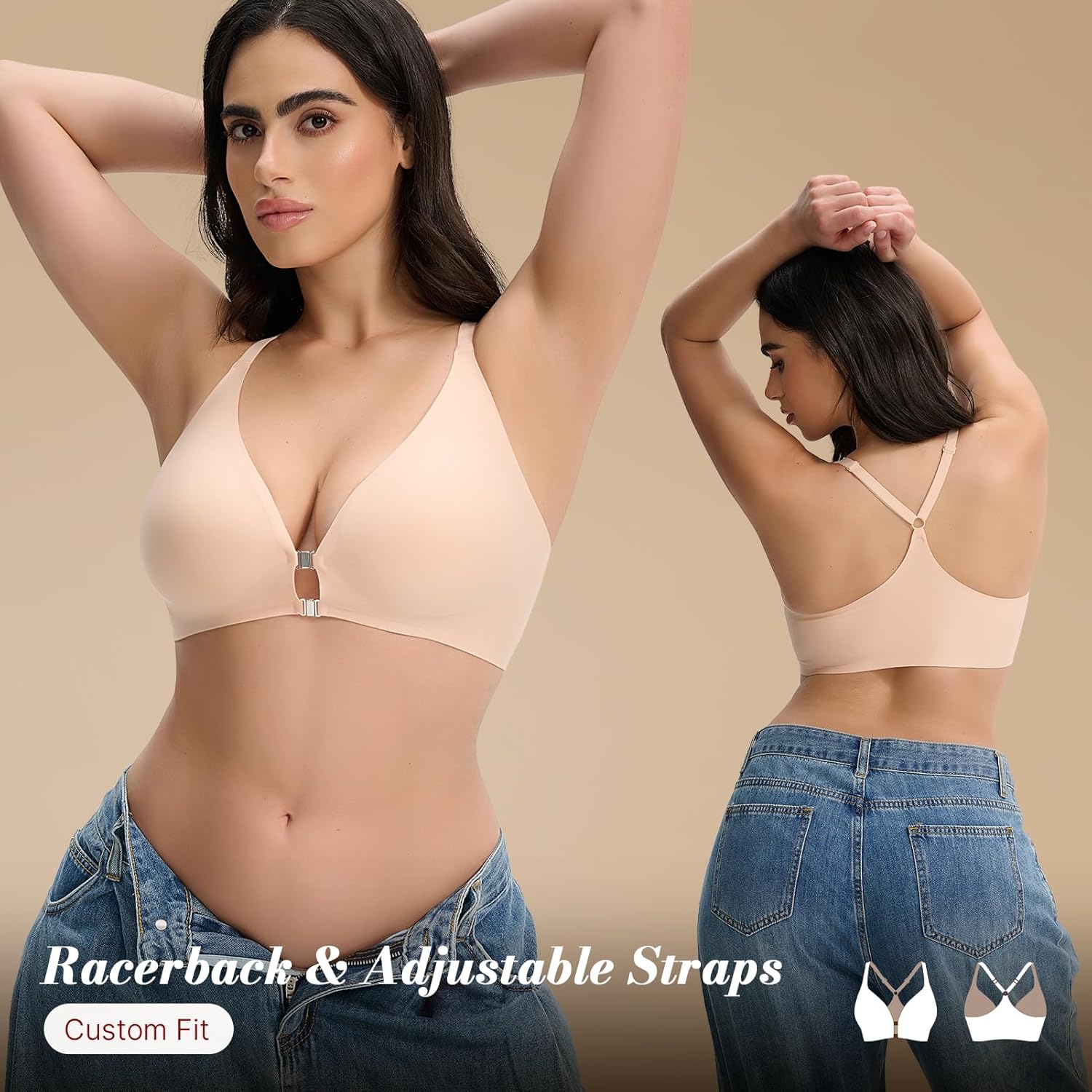 Front Closure Push Up Bra for Women, Seamless Plunge Bra, Wireless Underwire-Free Bralette