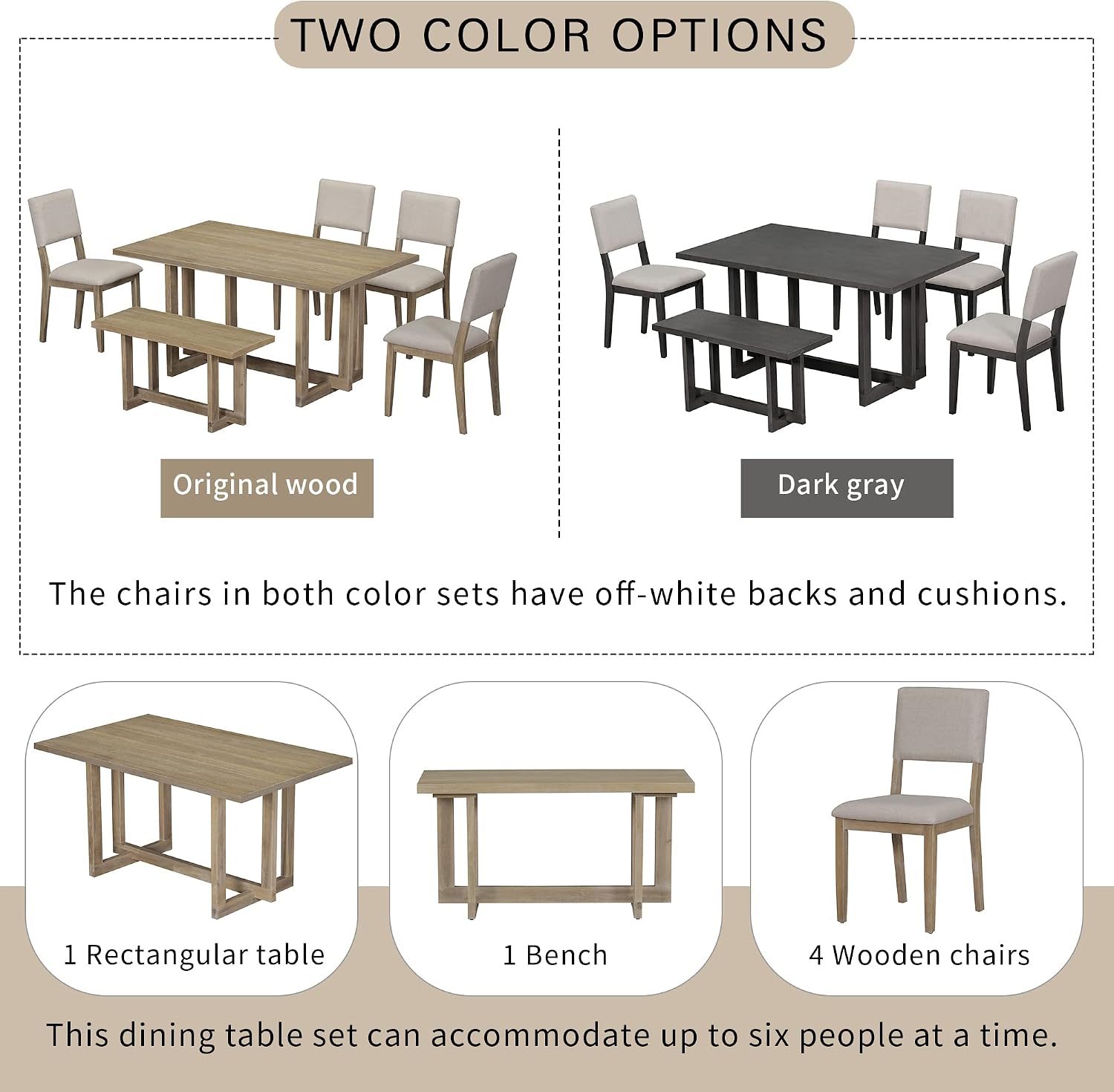 Bellemave 6-Piece Dining Table Set with Bench, Six Person H-Shaped Legs Table, Four Chairs Soft Cushions and One Wooden Bench for Room Kitchen, Natural Wood Wash
