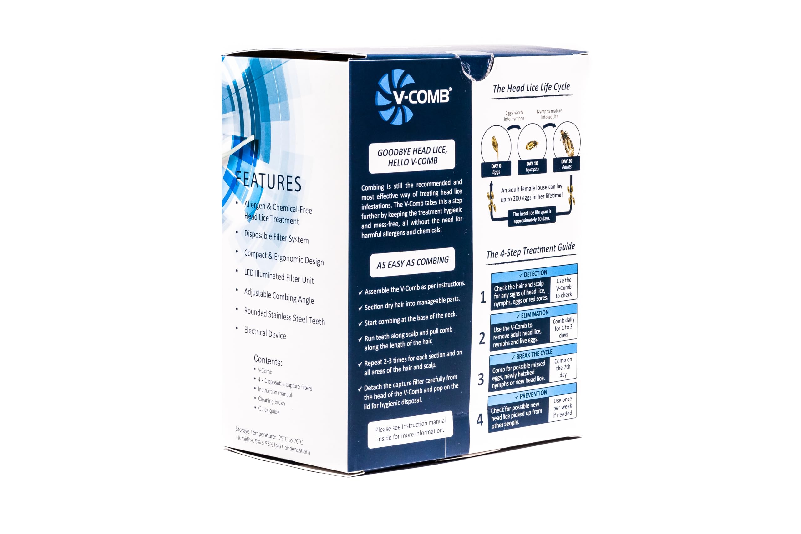 Peine de piojos V-comb + caja de 8 filtros