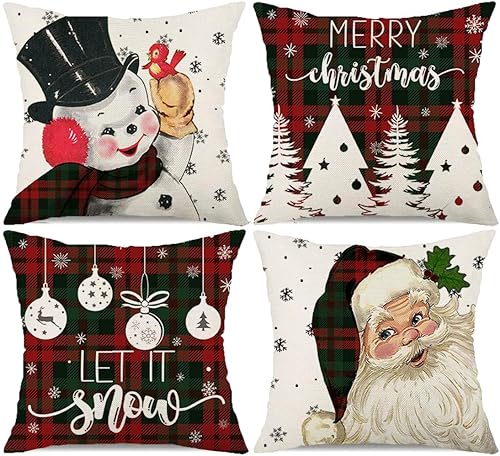 Juego de 4 fundas de almohada de Navidad de 18 x 18 pulgadas, diseño de muñeco de nieve de Papá Noel, copos de nieve, diseño de búfalo a cuadros,