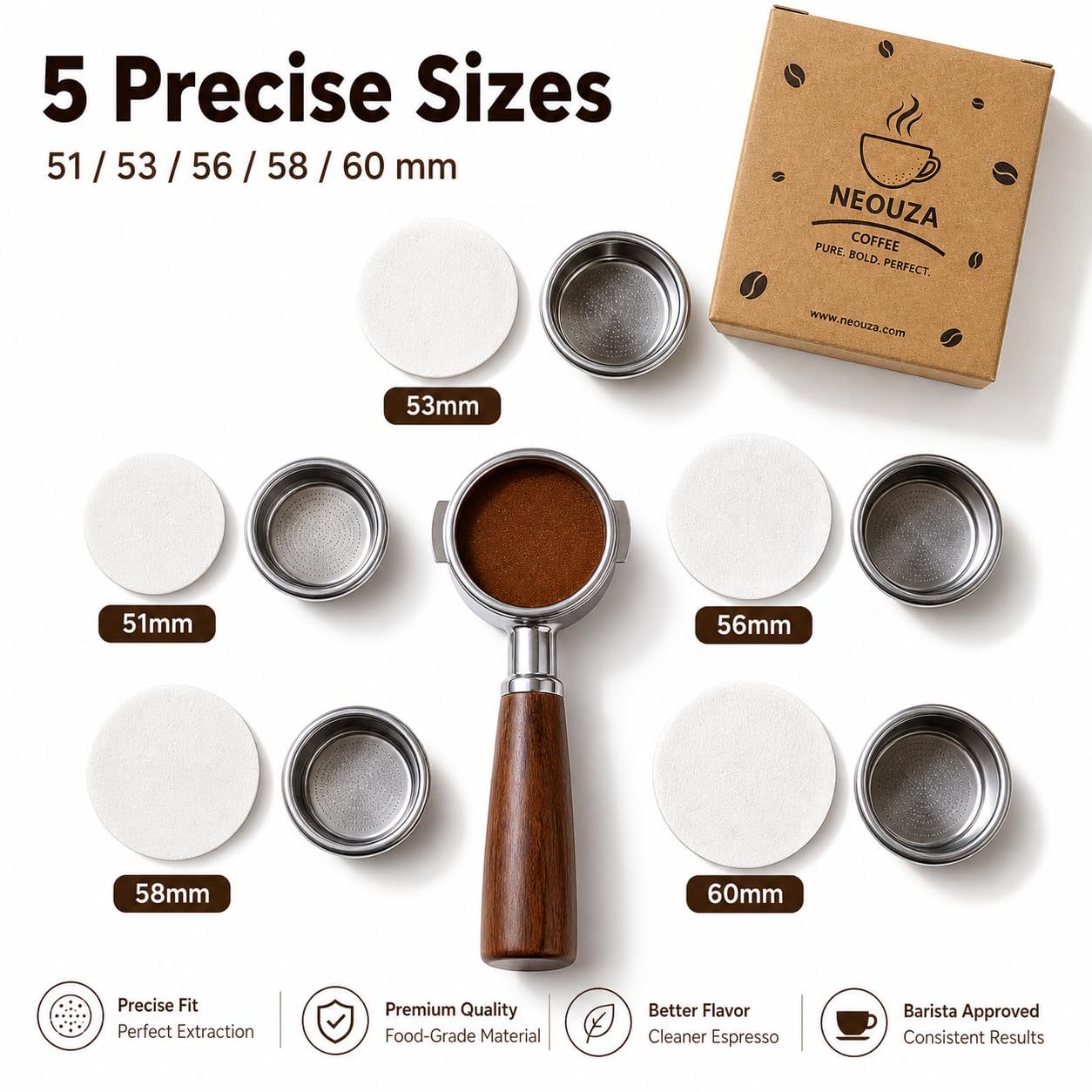 NEOUZA Filtr papierowy do kawy okrągły 500 szt. do ekspresu do espresso Portafilter Moka Pot Niebielony jednorazowy ekran krążka (53 mm)