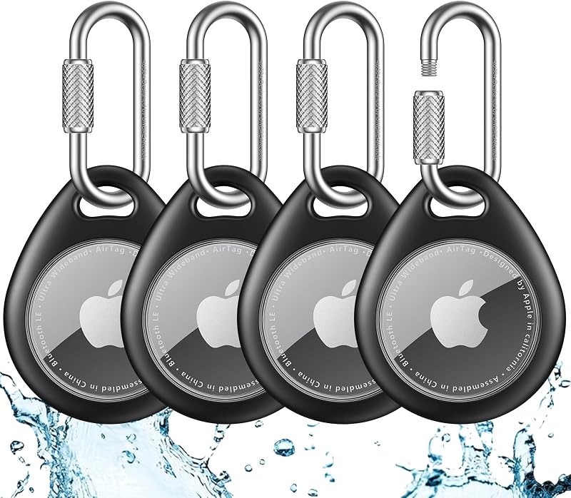 Capa para AirTag com mosquetão com trava em aço inoxidável 304 UNBREAKcable, preta, kit com 4 unidades