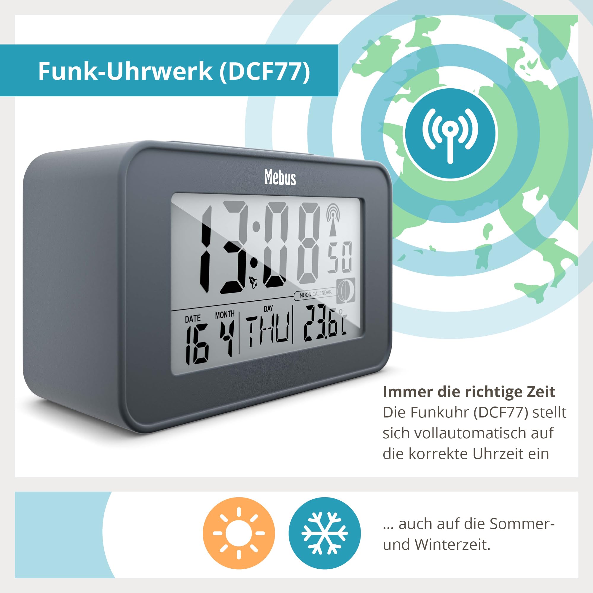 MEBUS digitaler Funk-Wecker mit Mondkalender, Beleuchtung, Innenthermometer, Schlummer-Funktion/Material: Kunststoff/Farbe: Grau/Modell: 51460